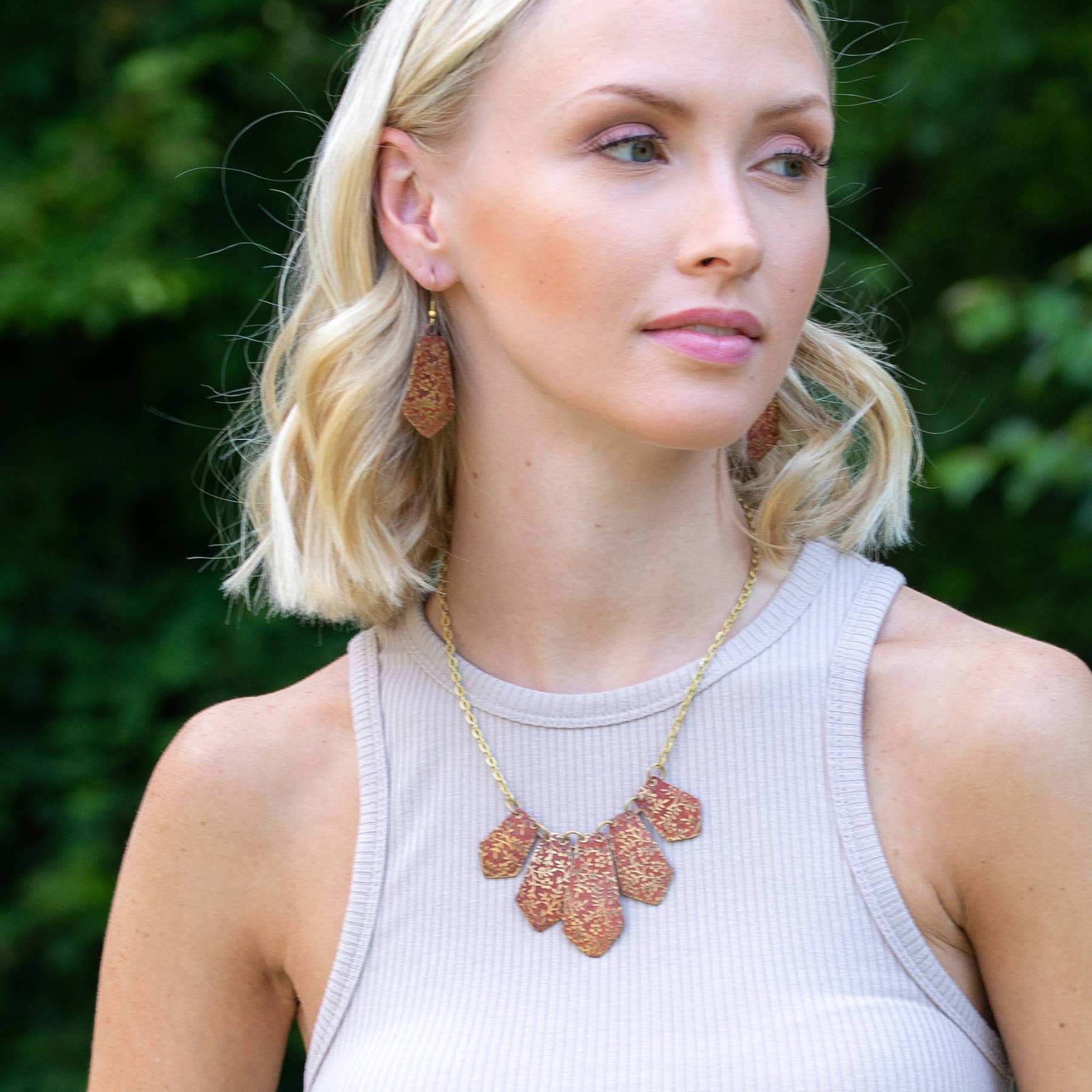 Brass Patina Necklace - Red Orange Floral Vines Brass Bib