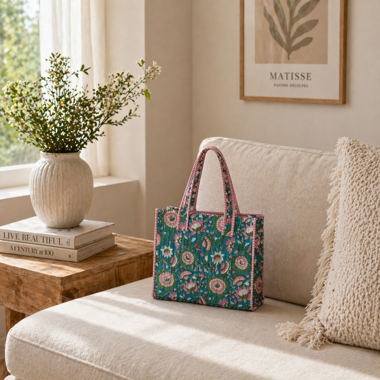 Aqua Bloom Block-Printed Quilted Mini Tote