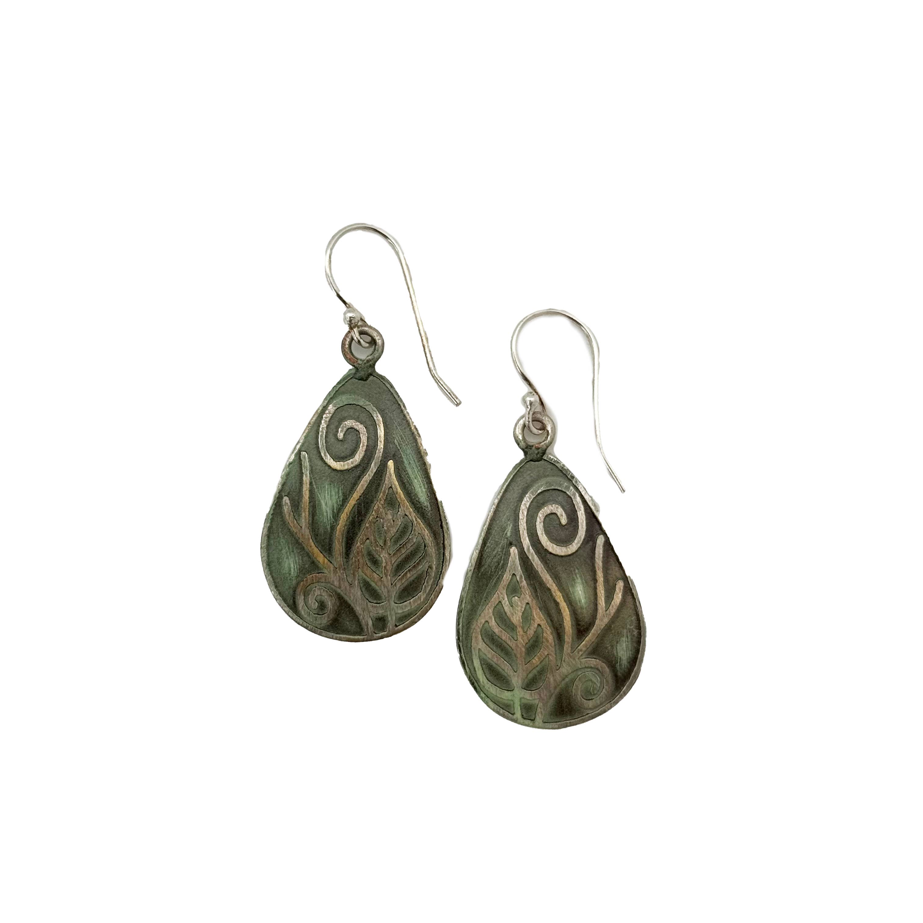 Handcrafted Silver Patina Green Leaf Vine Earrings