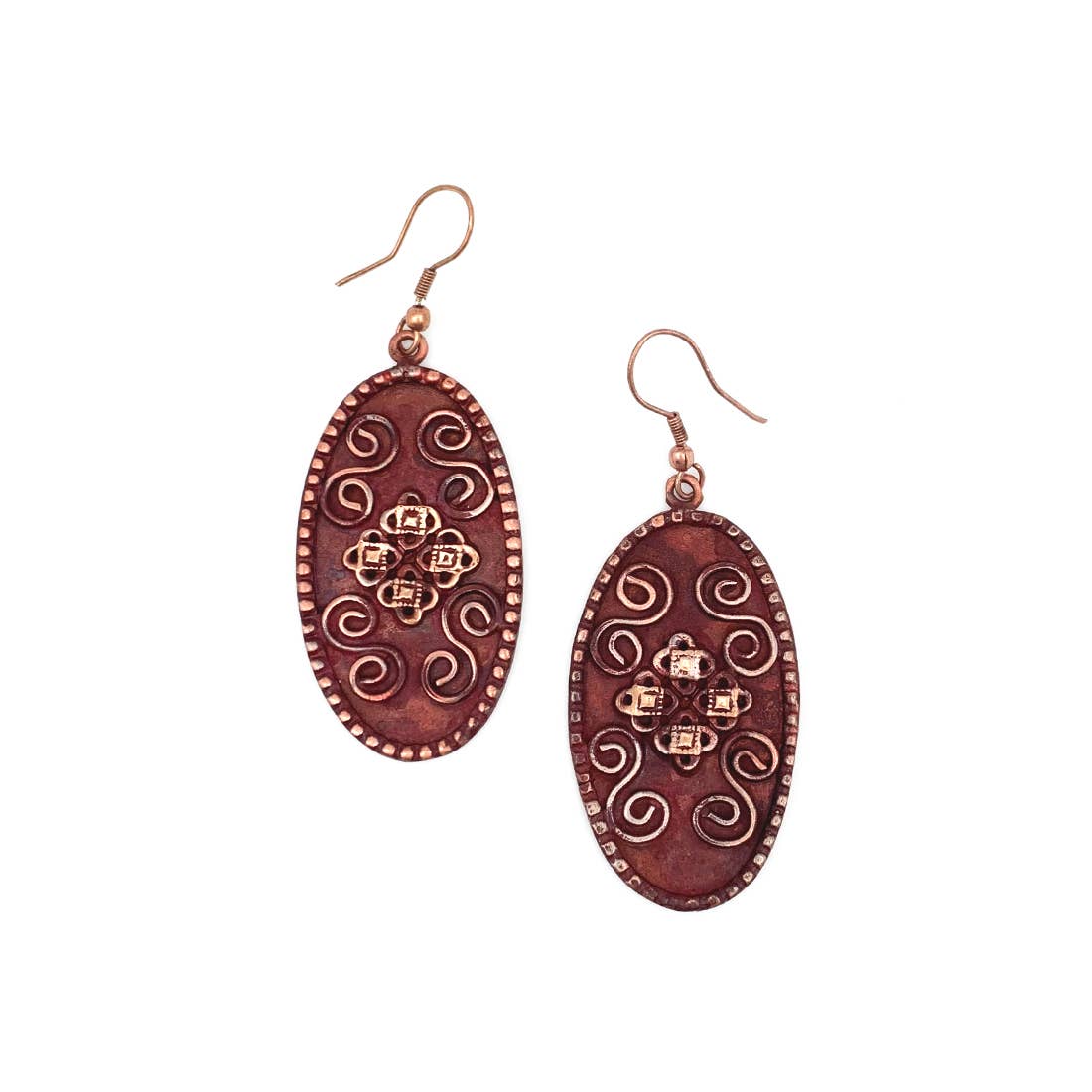 Copper Patina Earrings - Filigree with Spirals Burgundy Oval