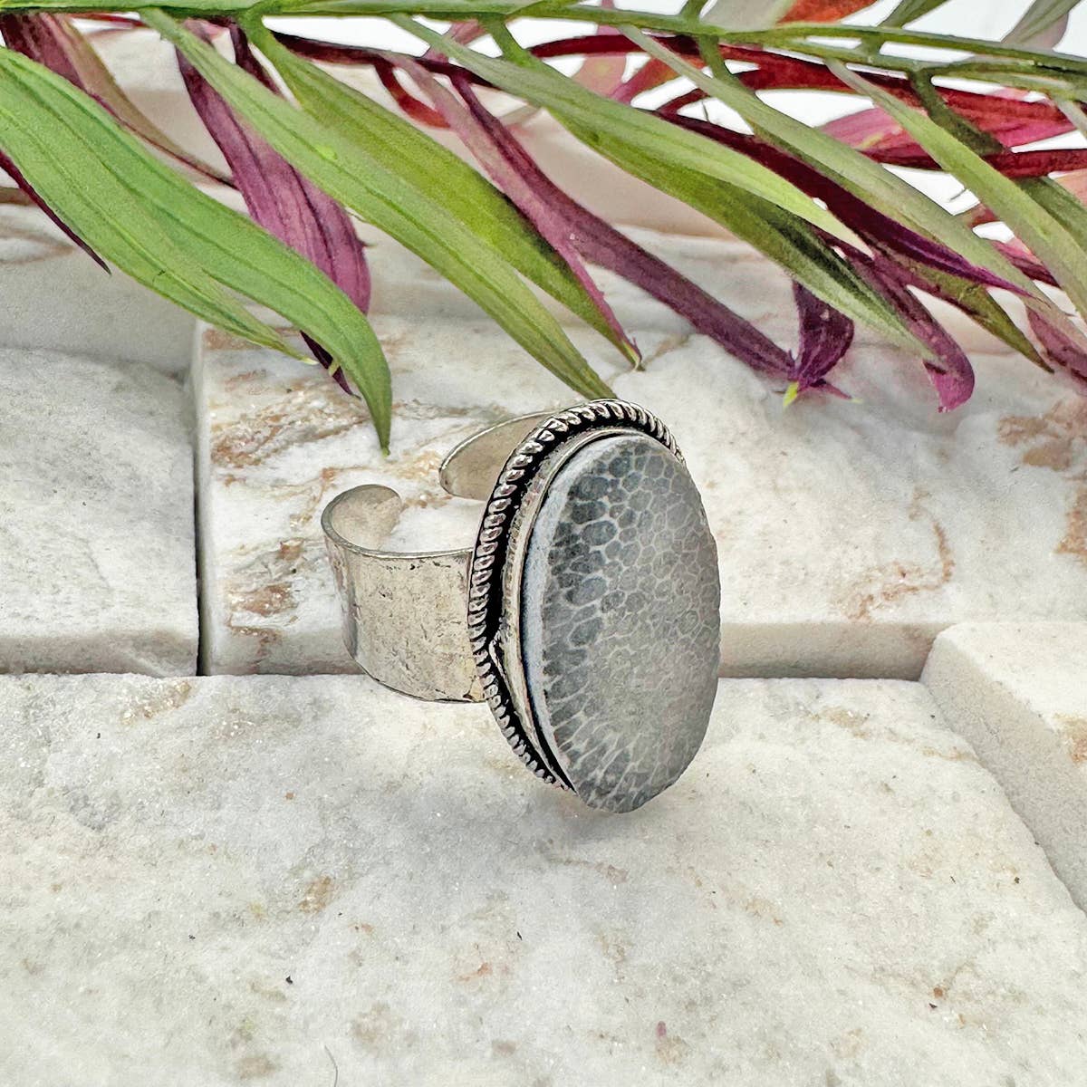 Handcrafted Semiprecious Stone Ring -Black Fossil Coral
