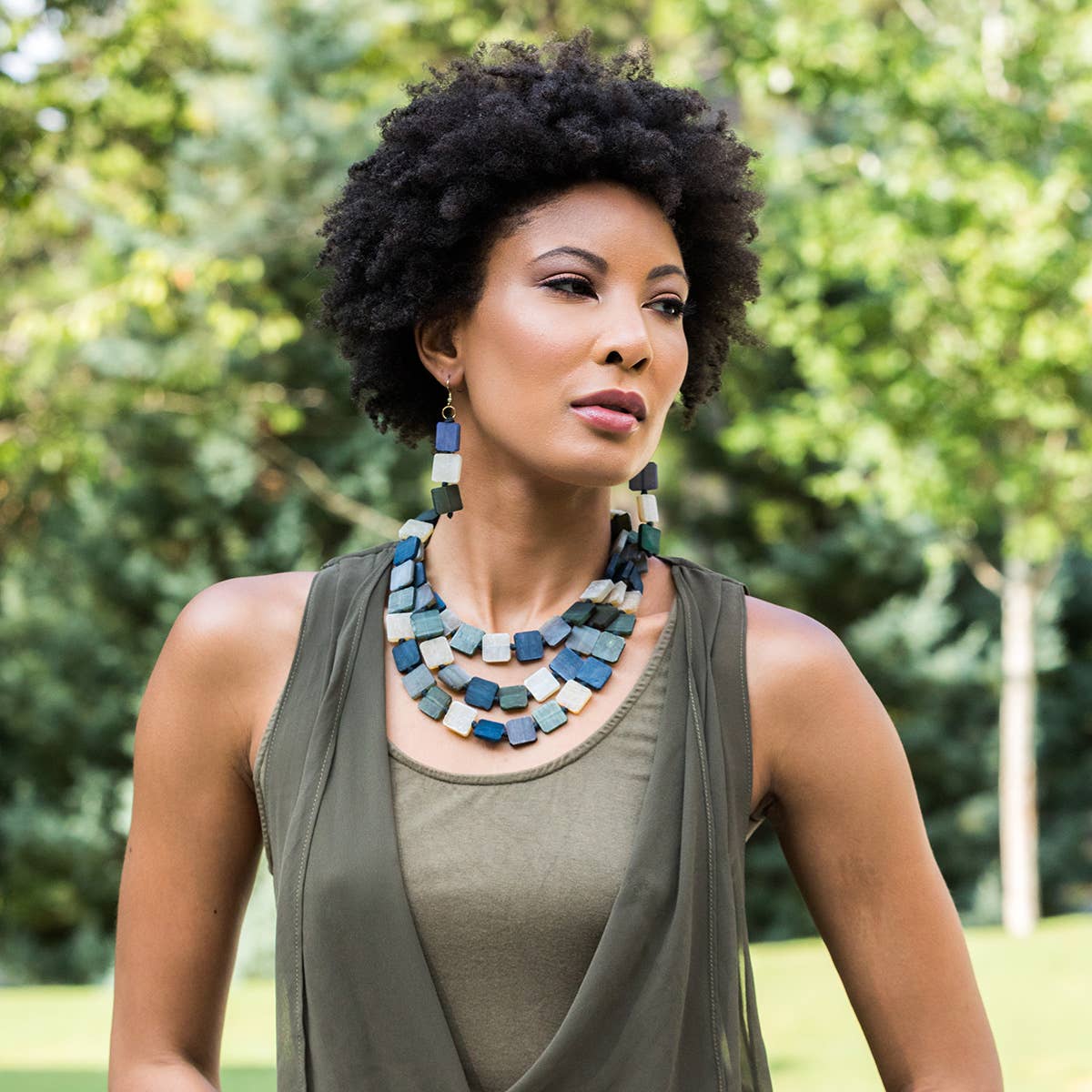 Omala Misty Greens Collection - Triple Layer Bib Necklace