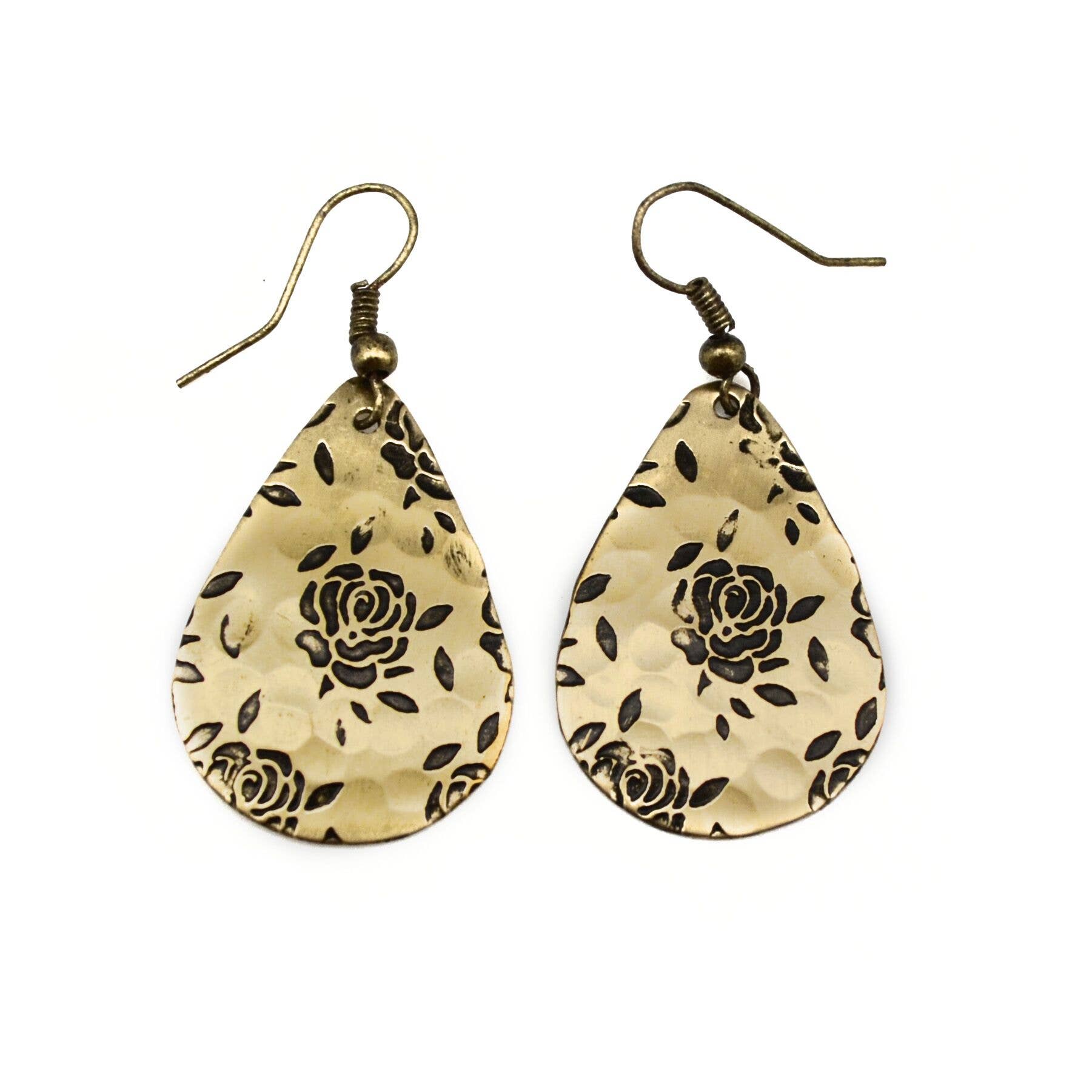 Rose Print Brass Engraved Earrings