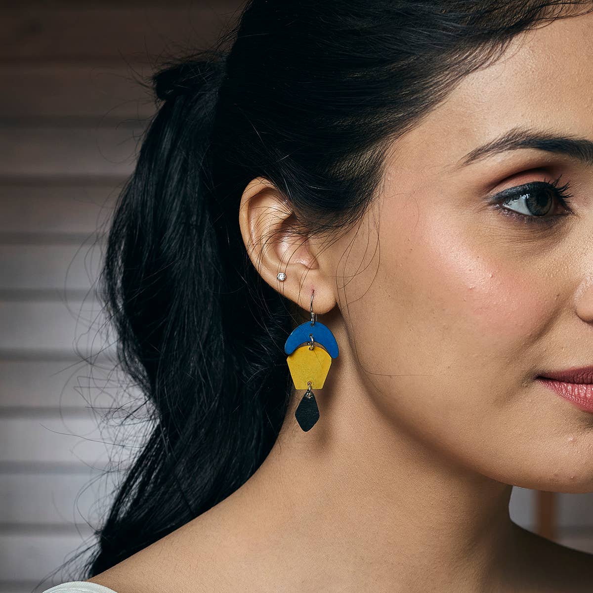 Handcrafted Yellow & Blue Patina Geometric Drop Earrings