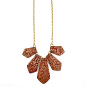 Brass Patina Necklace - Red Orange Floral Vines Brass Bib