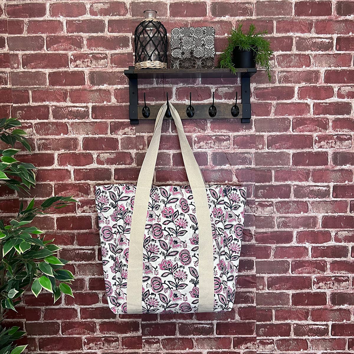 Handcrafted Canvas Bag with Block-Printed Blossoms in Violet