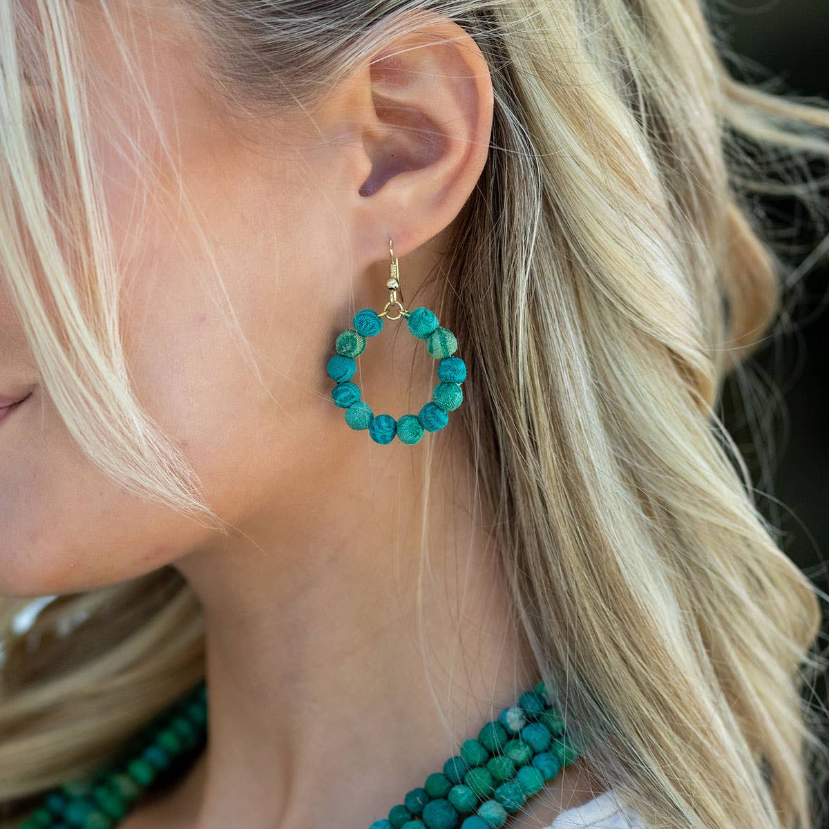 Aasha Seagrass Small Beaded Hoop Kantha handcrafted Earrings