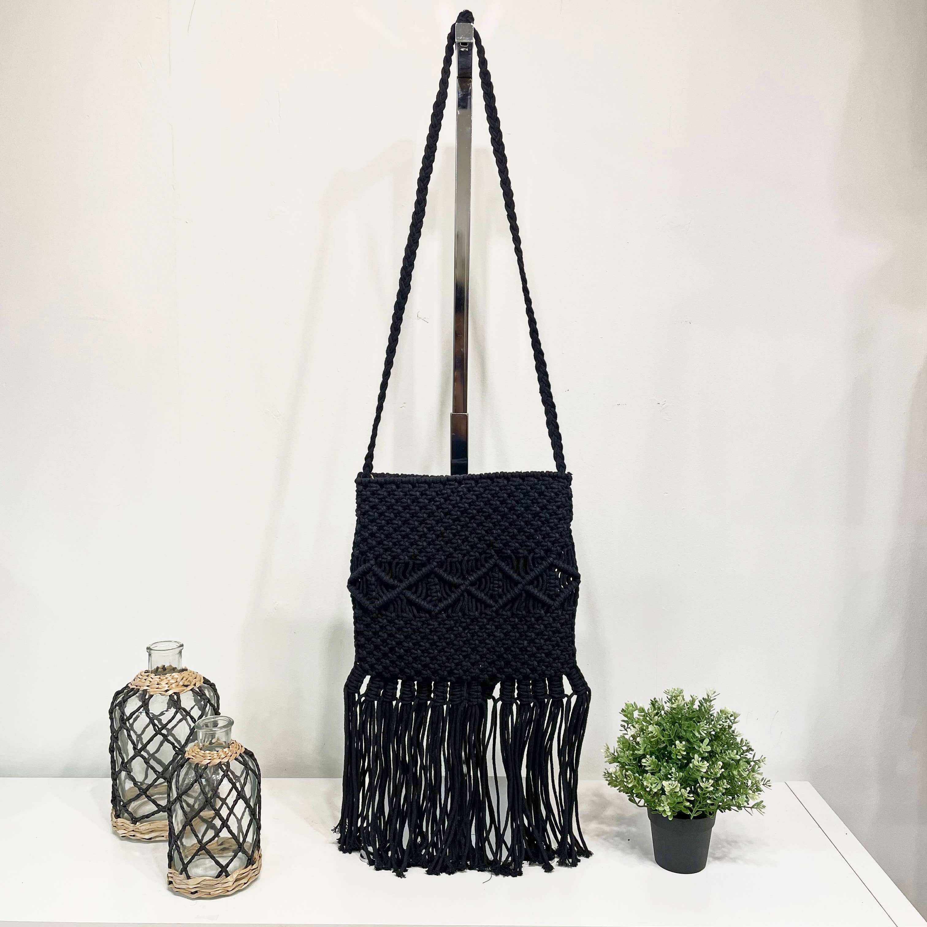 Josie Bag - Cotton macrame sling bag with fringes - Black