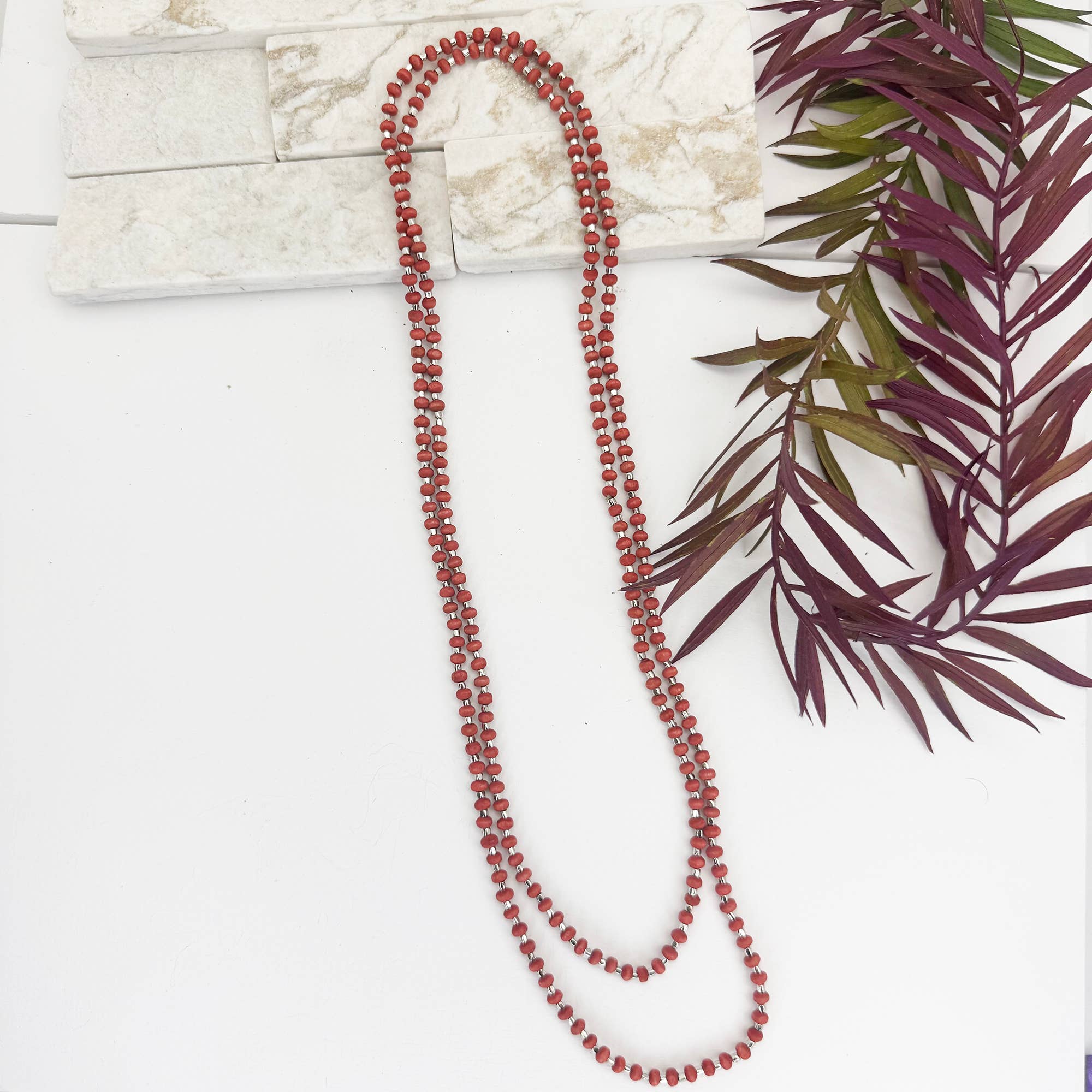 Sachi Long Wood Bead Necklace - Red