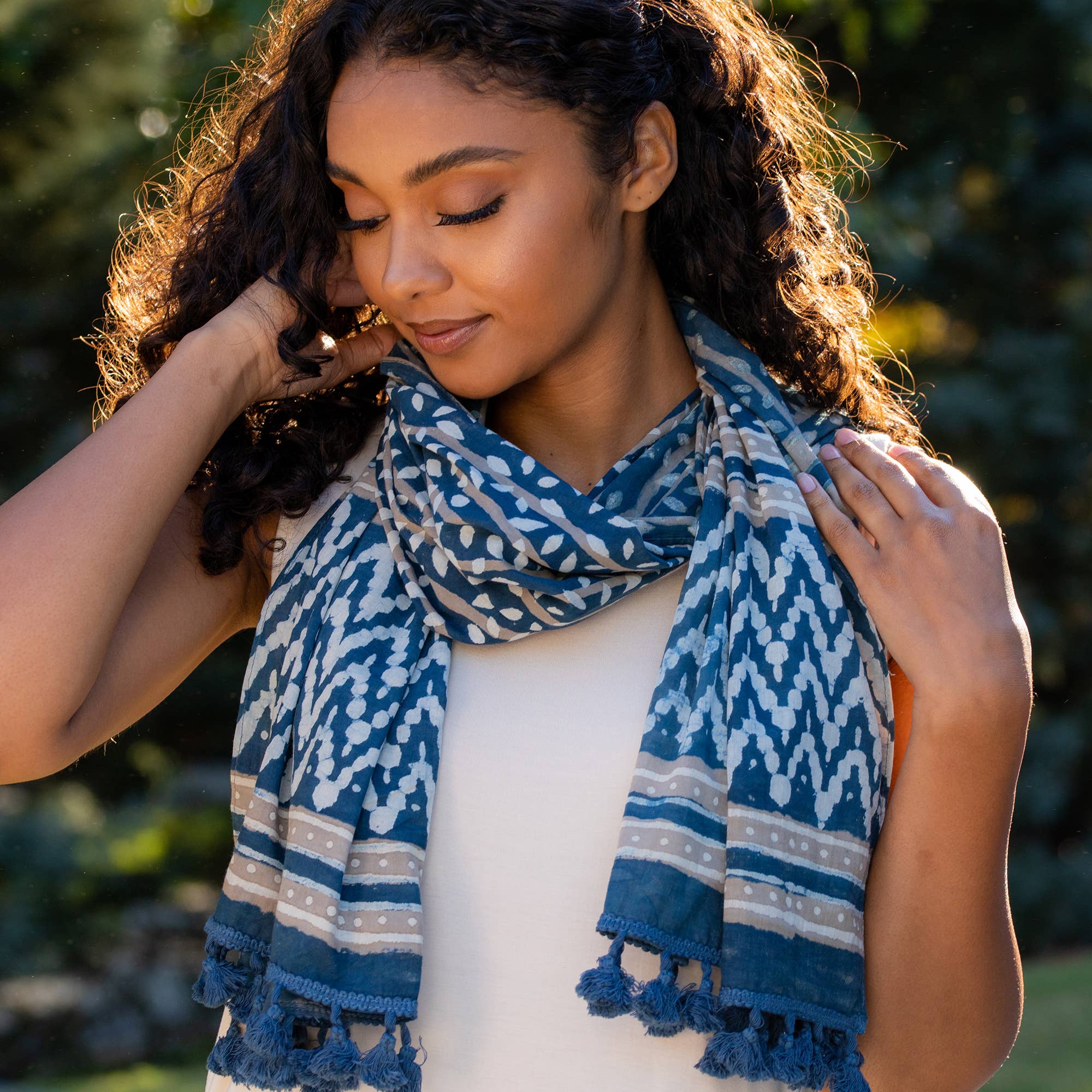 Block Printed Cotton Scarf - Navy and Taupe Leafy Stripes