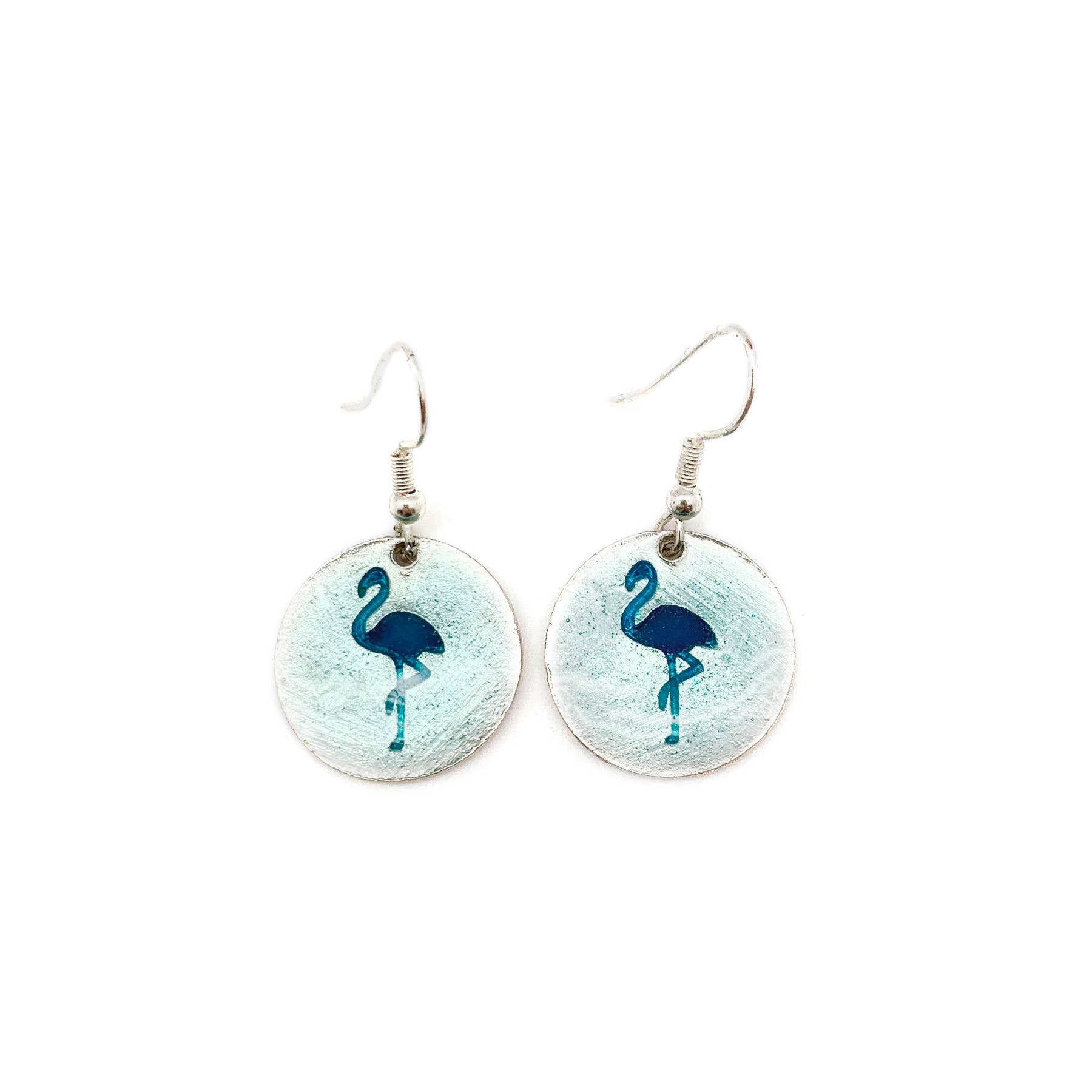 Pewter Earrings with Color Enamel - Flamingo in Teal/Aqua