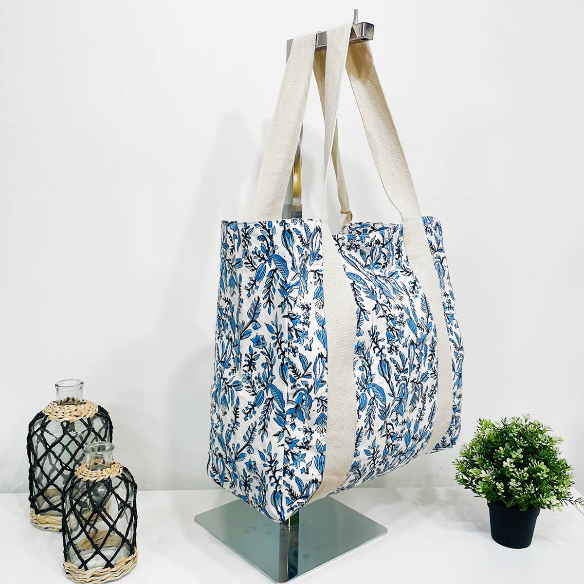 Handcrafted Canvas Bag with Block-Printed Azure Canopy