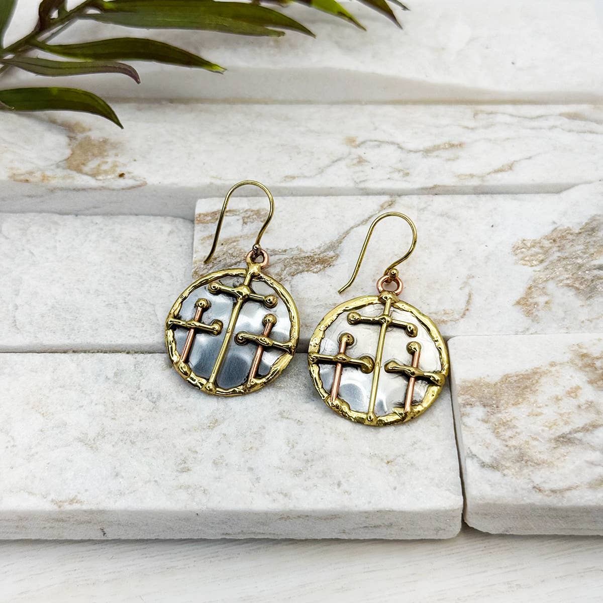 Handcrafted Mixed Metal Triple Cross Earrings
