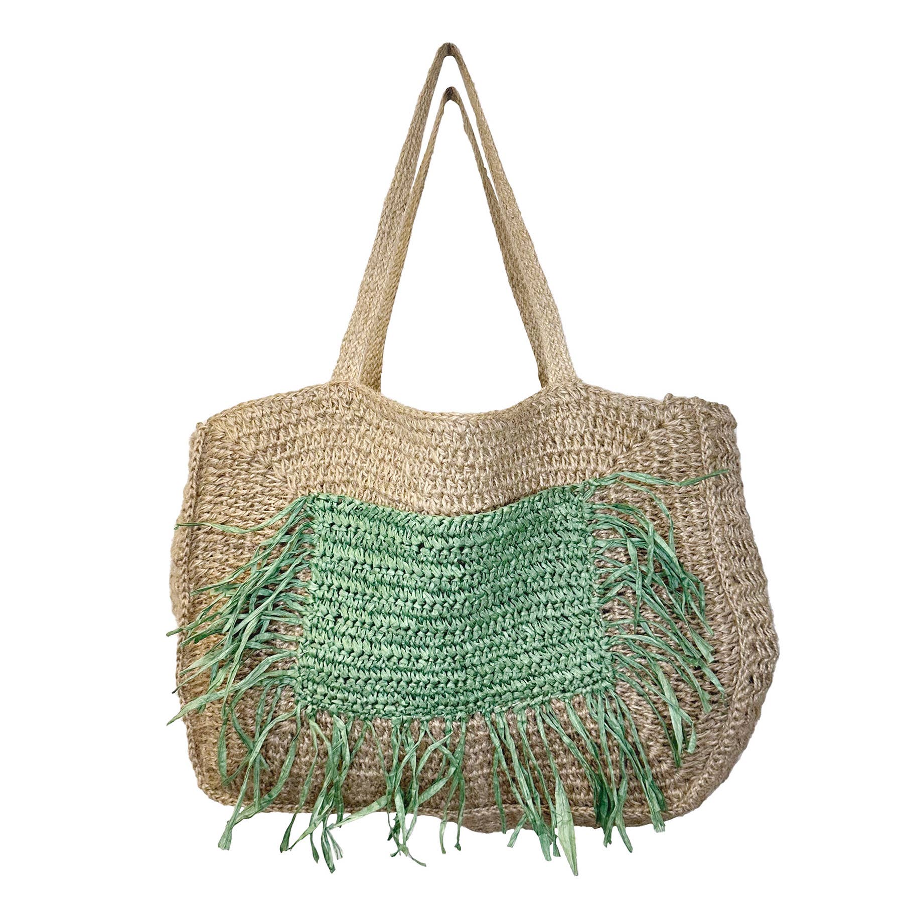Lana Woven Jute Bag with Color Raffia Pocket - Green