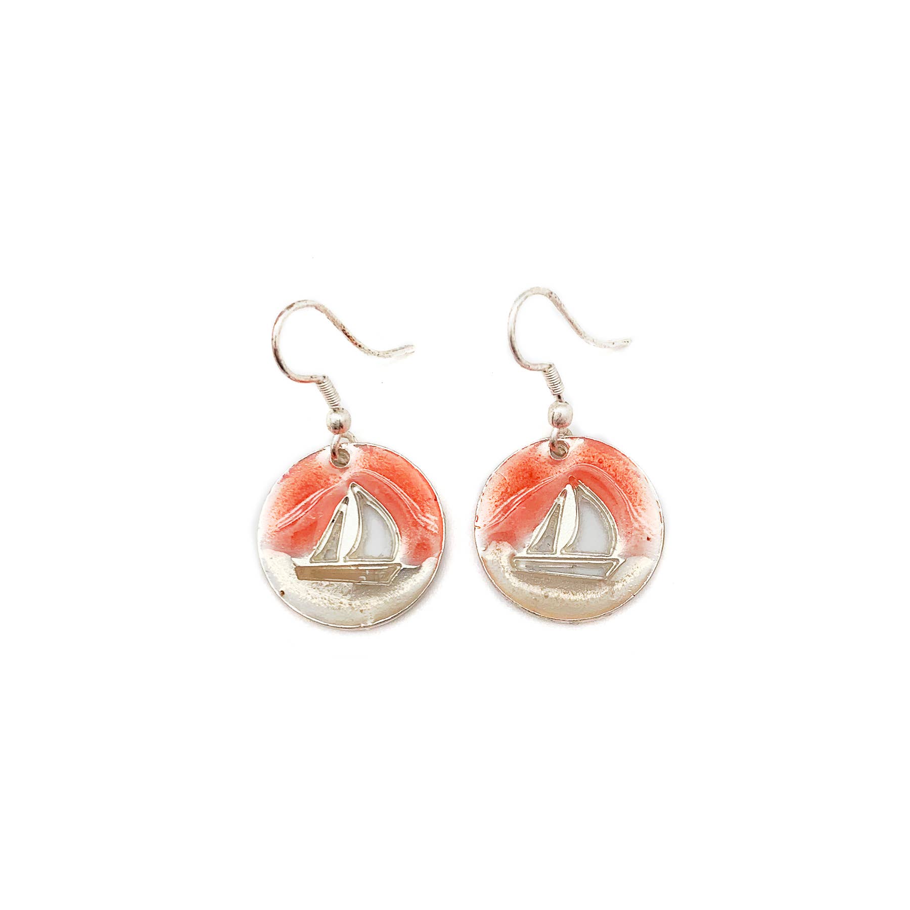 Pewter Earrings w Color Enamel - Coral/Pearl Sailboat