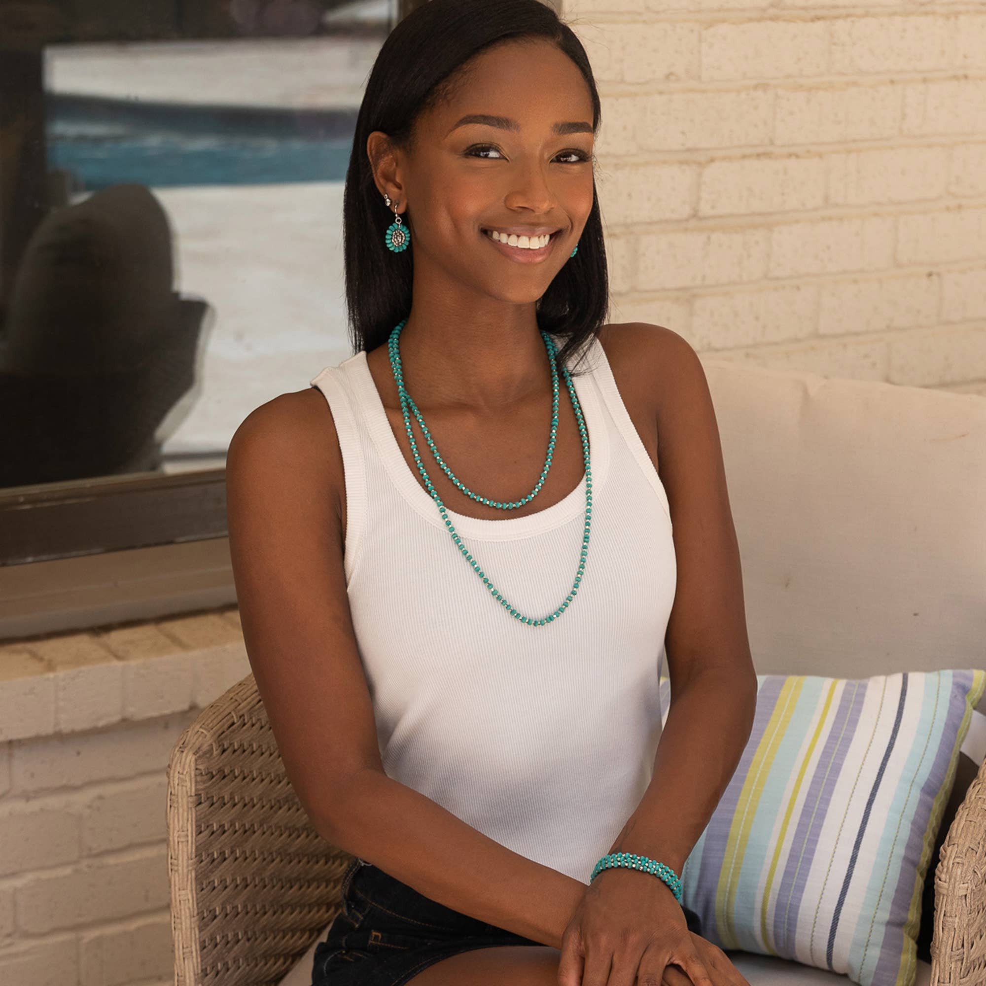 Sachi Long Wood Bead Necklace - Turquoise
