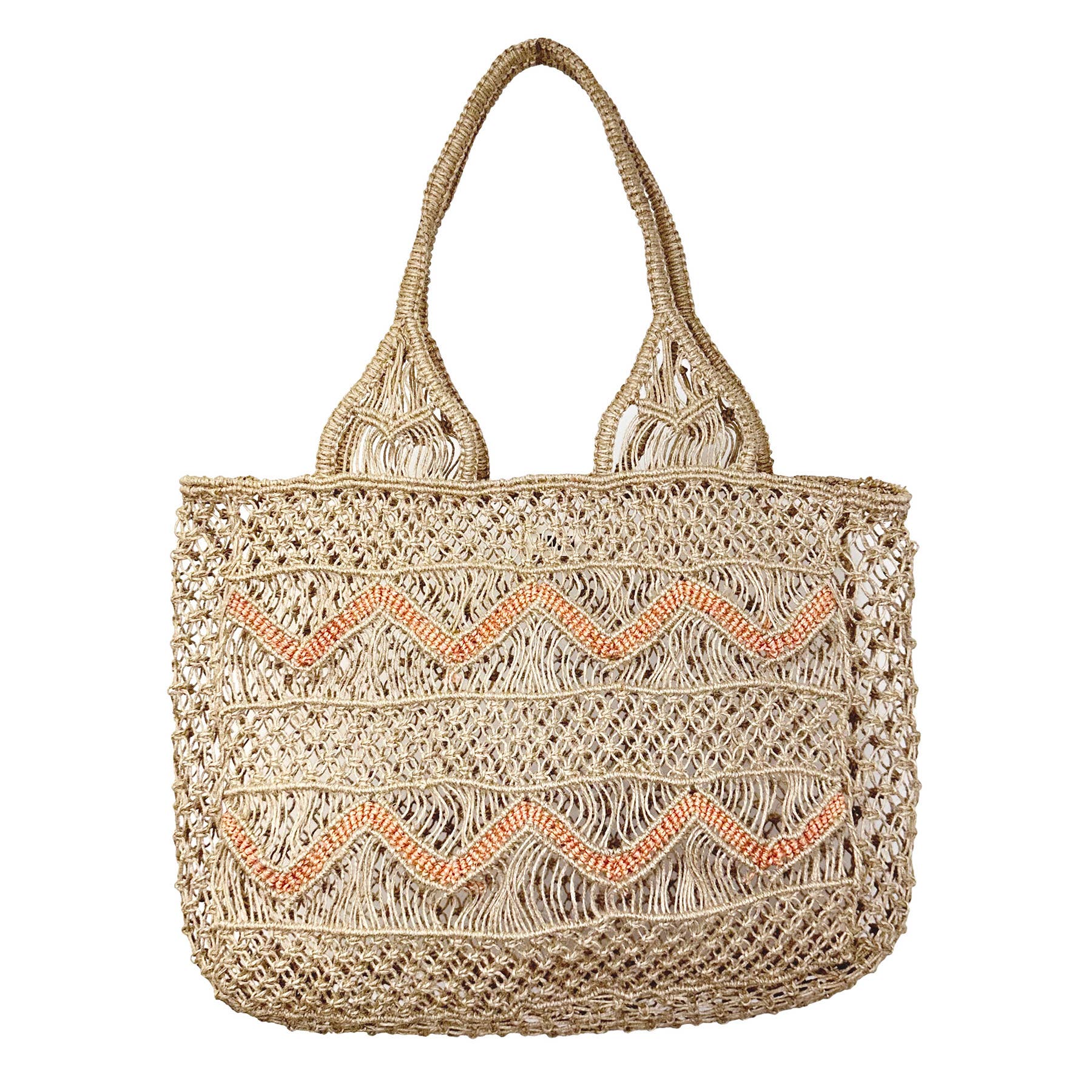 Leona Chevron Woven Jute Beach Bags - Coral