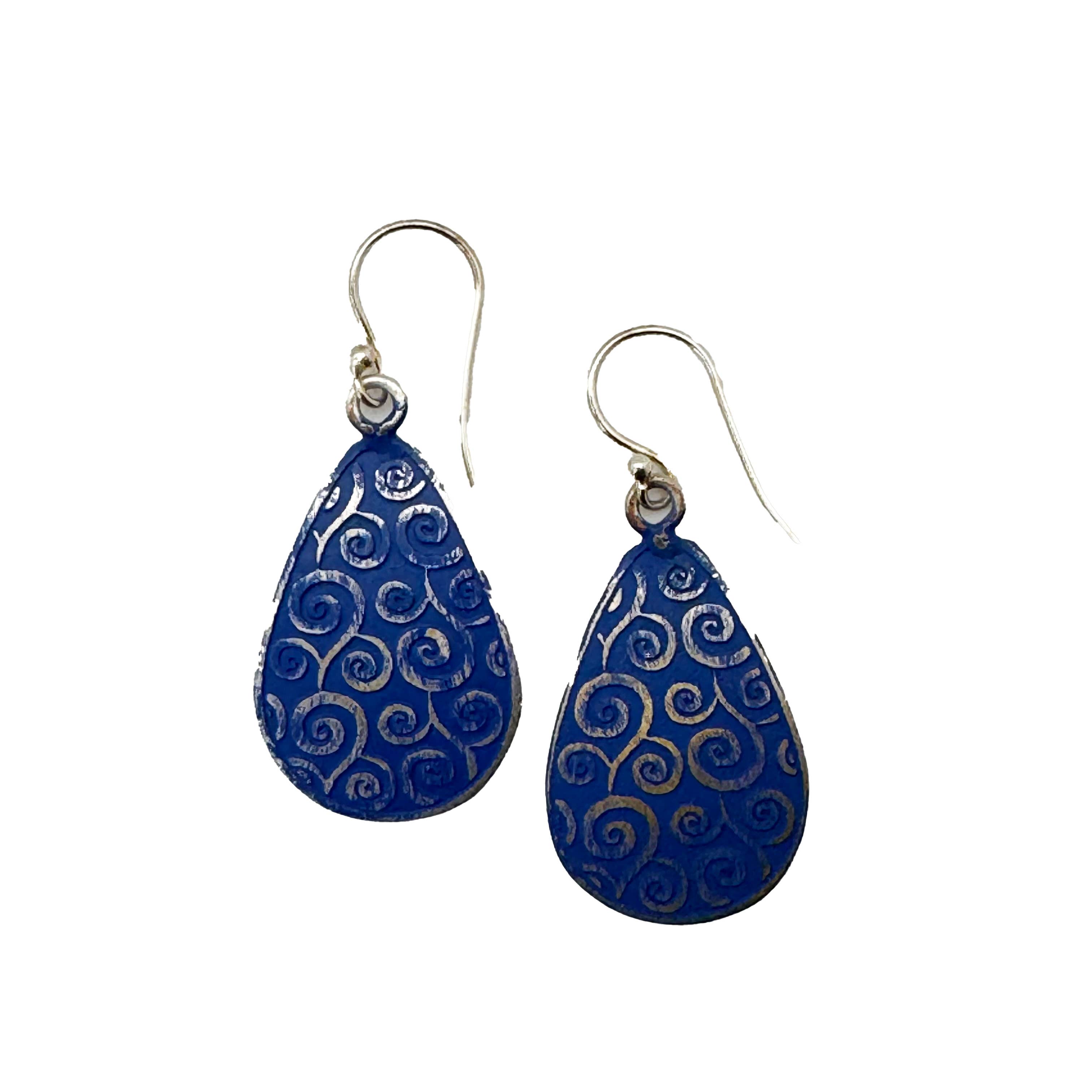 Handcrafted Silver Patina Royal Blue Scrollwork Earrings