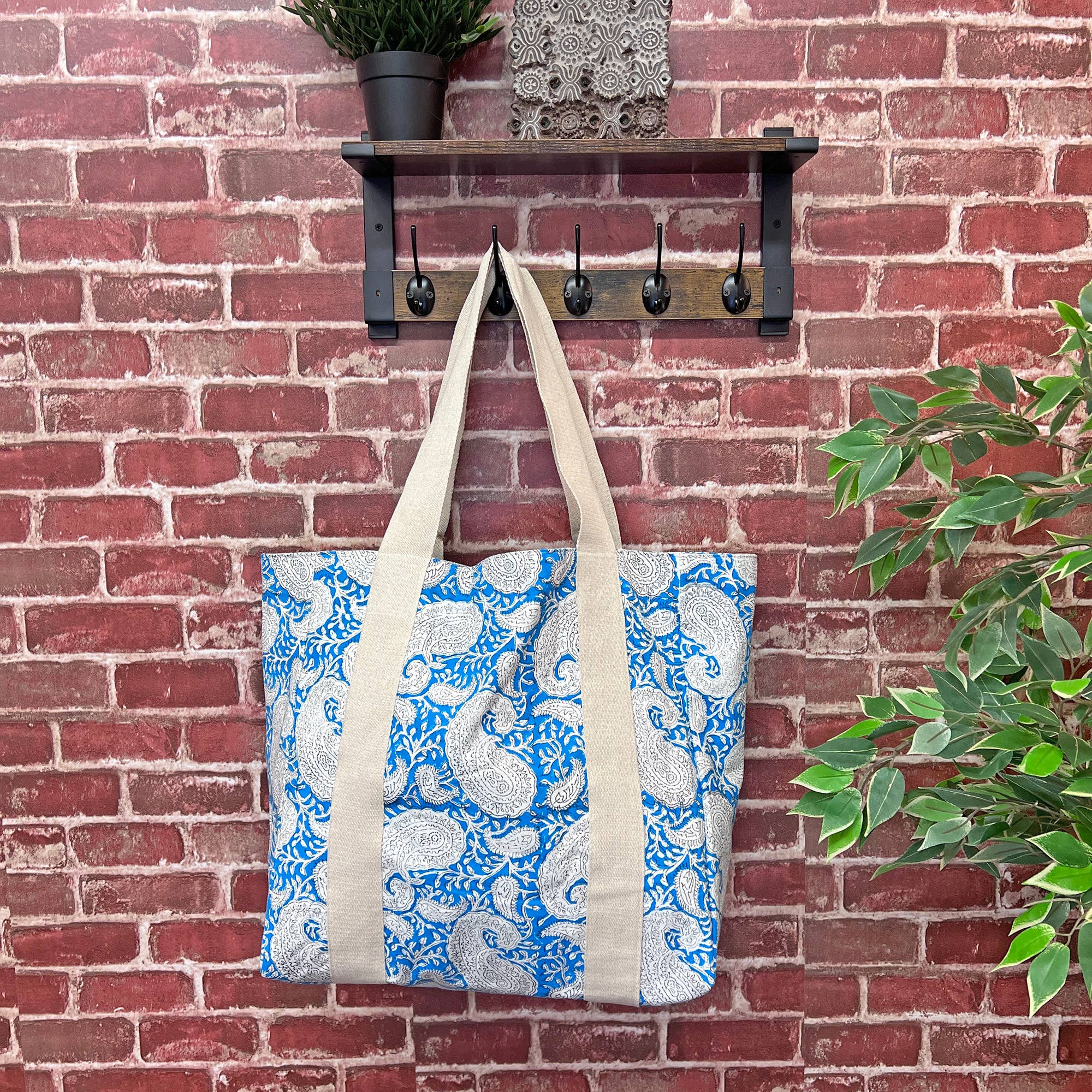 Handcrafted Canvas Bag with Block-Printed Blue Paisley