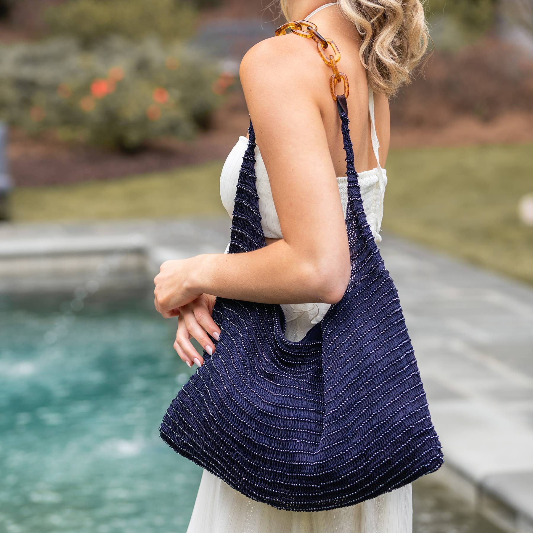 Cora Beaded Cotton Sling Bag with Chain Strapc- Navy