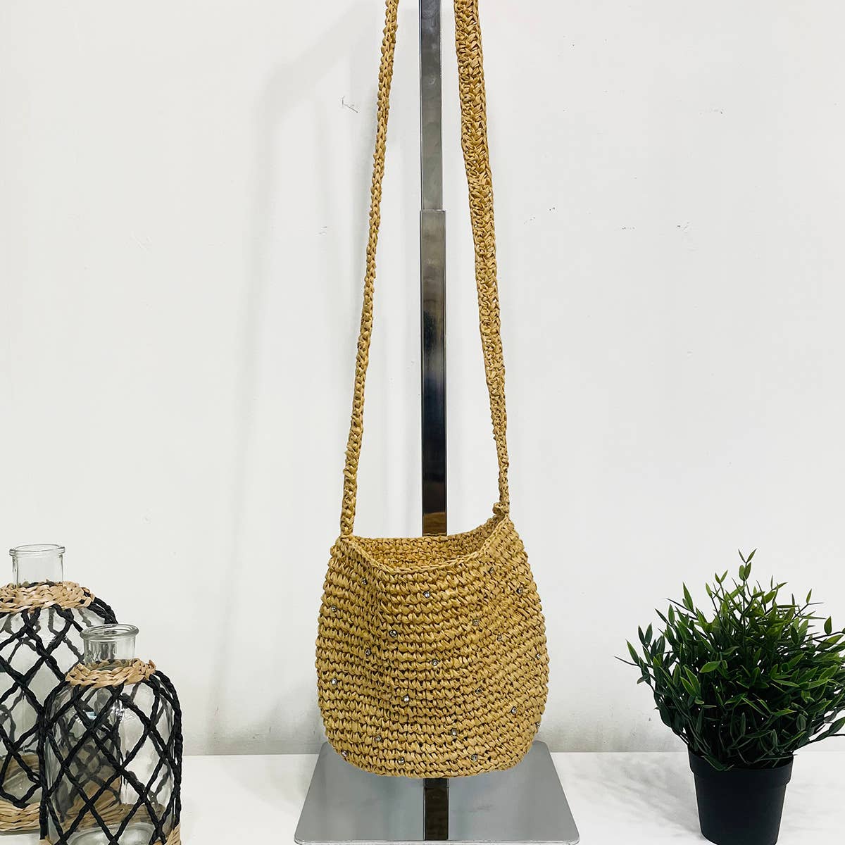 Sylvie Bag - Raffia Bucket Bag with Rhinestones - Natural