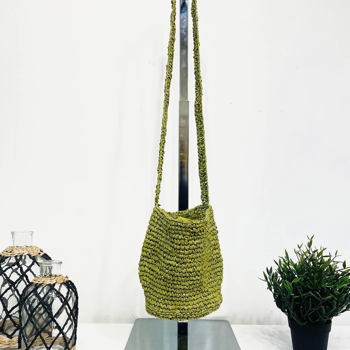 Sylvie Bag - Raffia Bucket Bag with Rhinestones - Sage Green