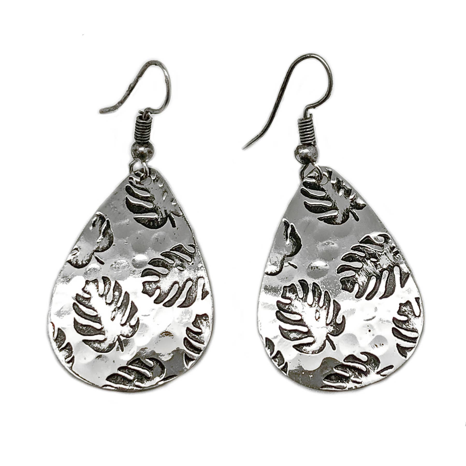 Monstera Leaf Silver Engraved Earrings