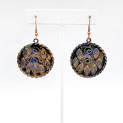 Copper Patina Earrings - Filigree in Blue and Gold Circles