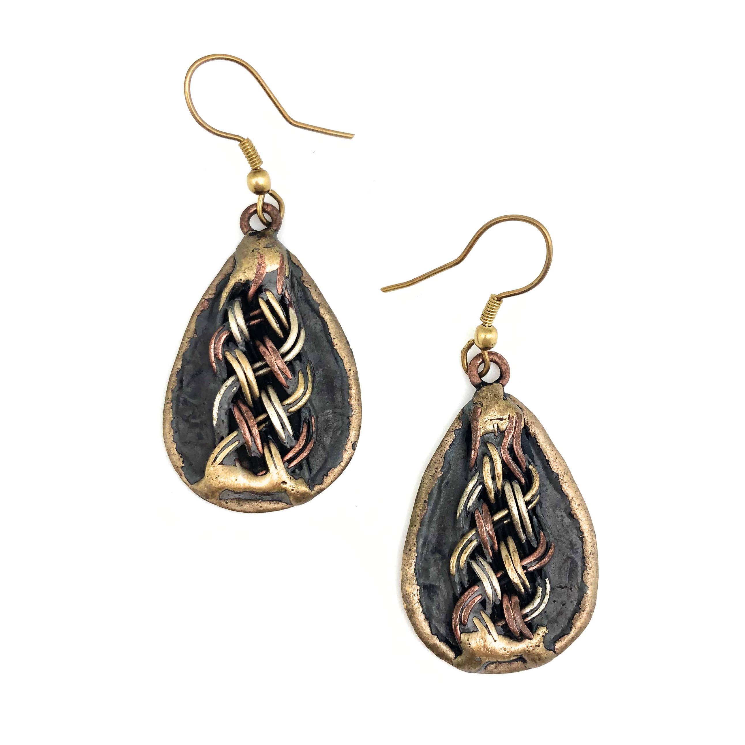 Brass Patina Earrings - Dark Blue with Metal Braid