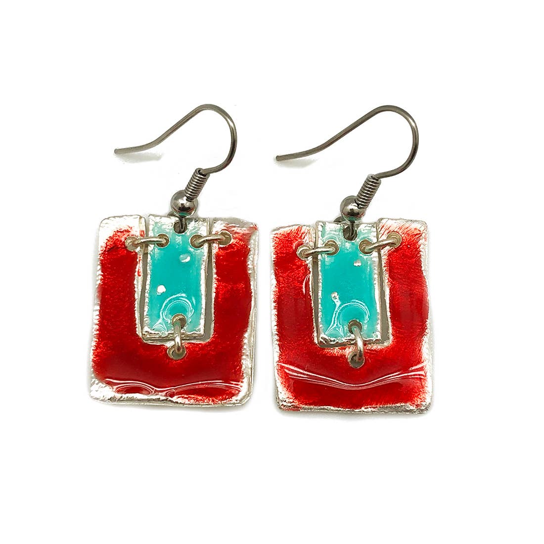 Pewter Earrings with Color Enamel - Red/Aqua