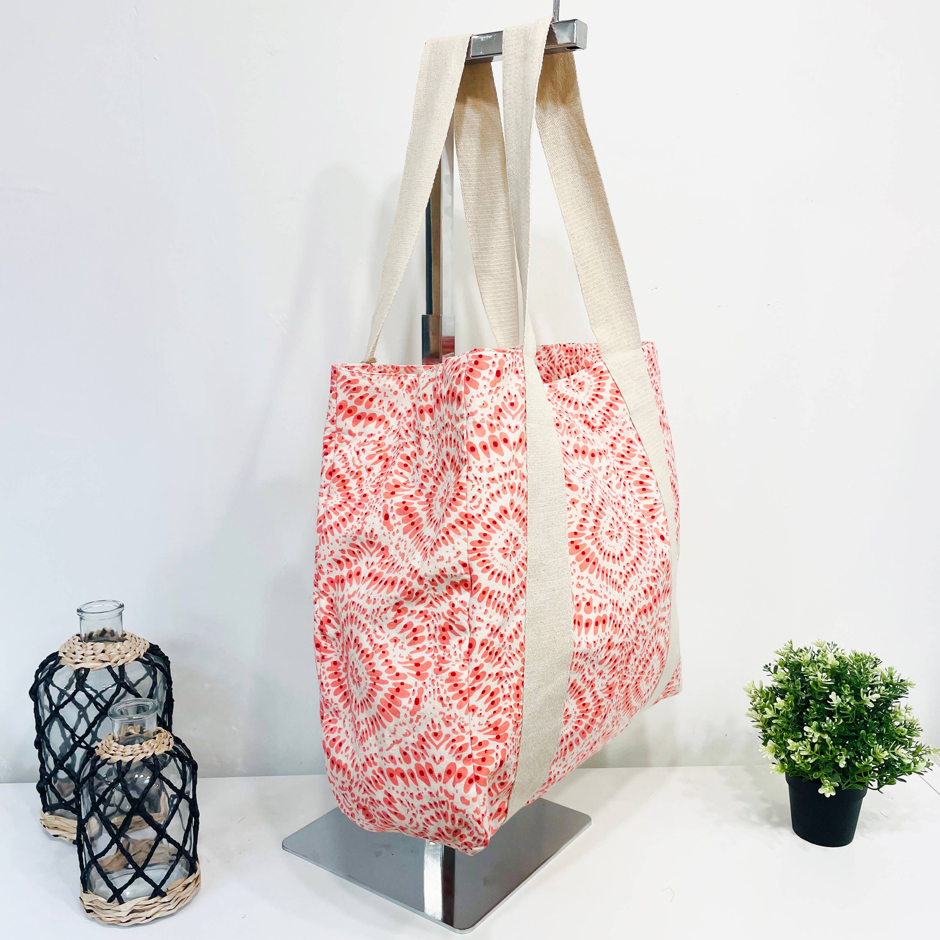 Handcrafted Canvas Bag with Block-Printed Pink Paradise