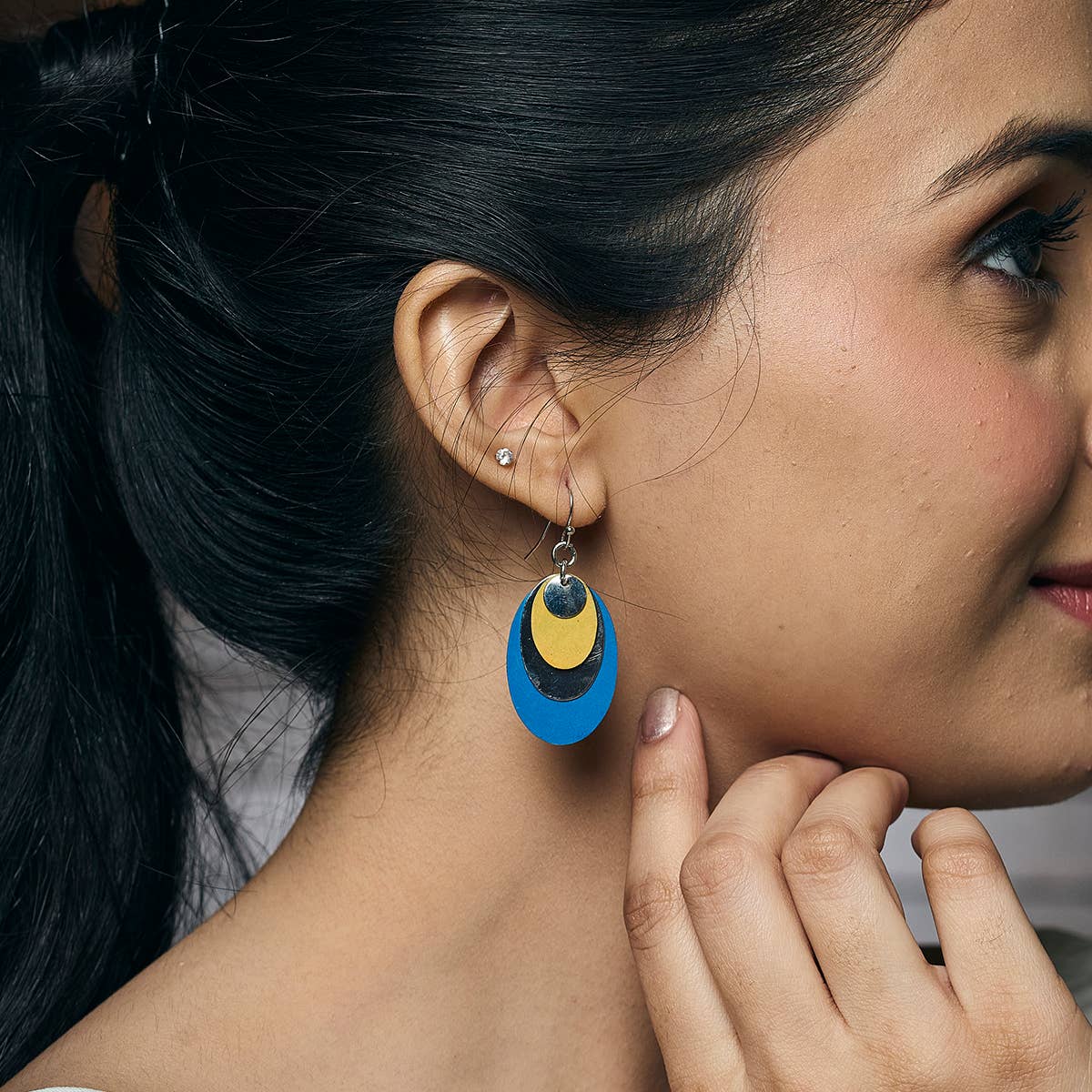 Handcrafted Yellow & Blue Patina Layered Oval Earrings