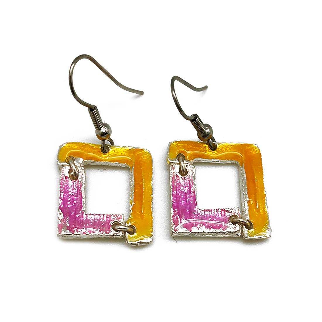 Pewter Earrings with Color Enamel - Squash/Lilac Open Square