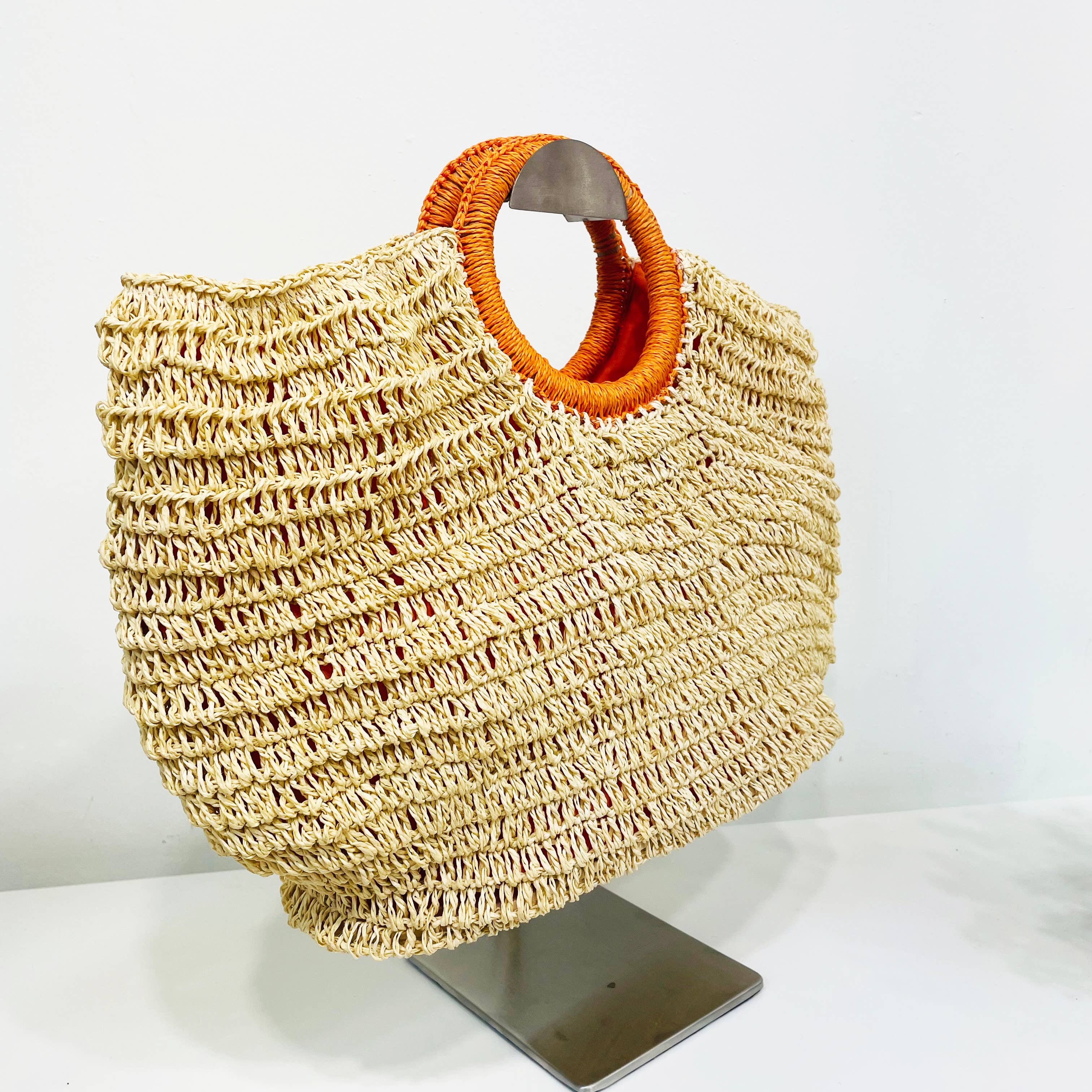 Cali Basket Raffia Bag with Colorful Wrapped Wooden Handle - Orange