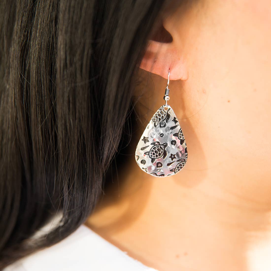 Turtle Silver Engraved Earrings