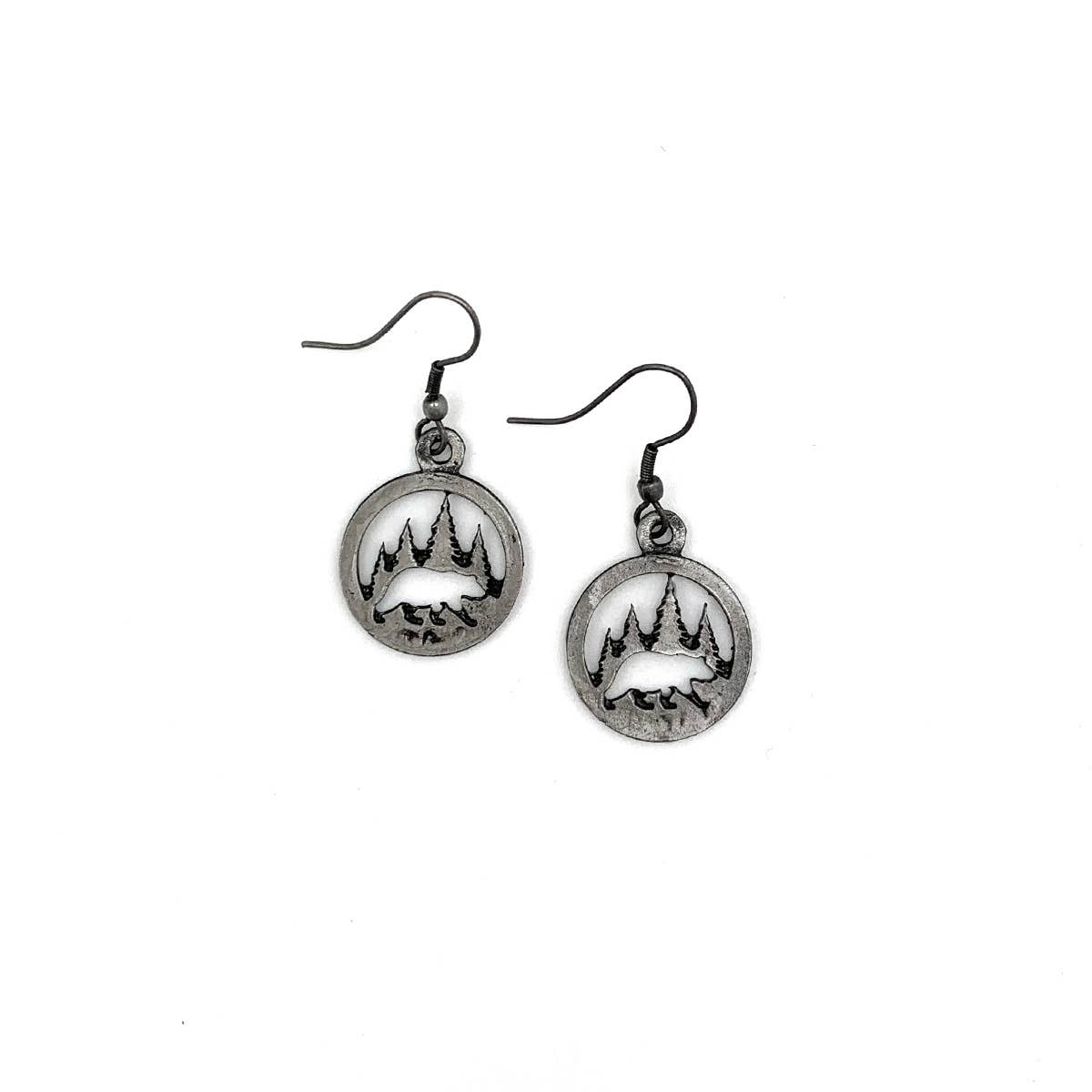 Pewter Earrings - Bear with Trees, Full Circle Cutout