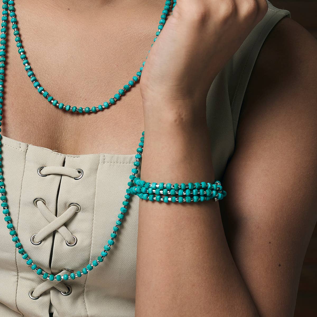 Sachi Wood Bead Wrap Bracelet - Turquoise