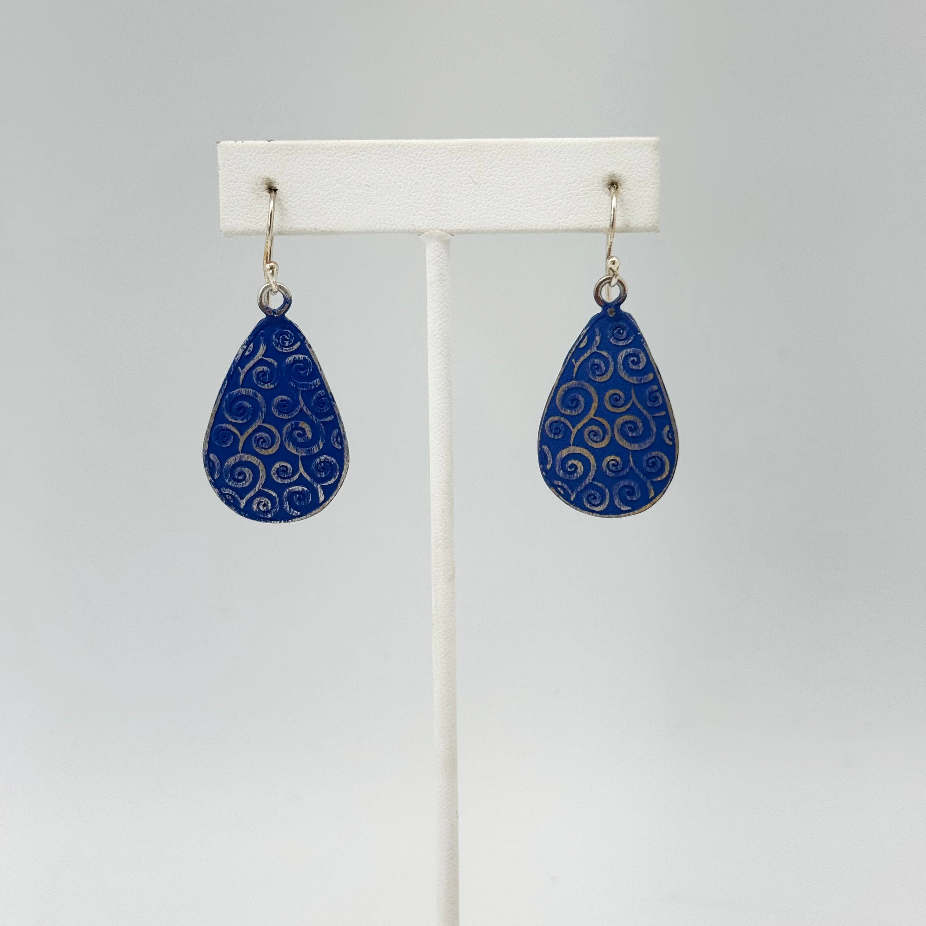 Handcrafted Silver Patina Royal Blue Scrollwork Earrings
