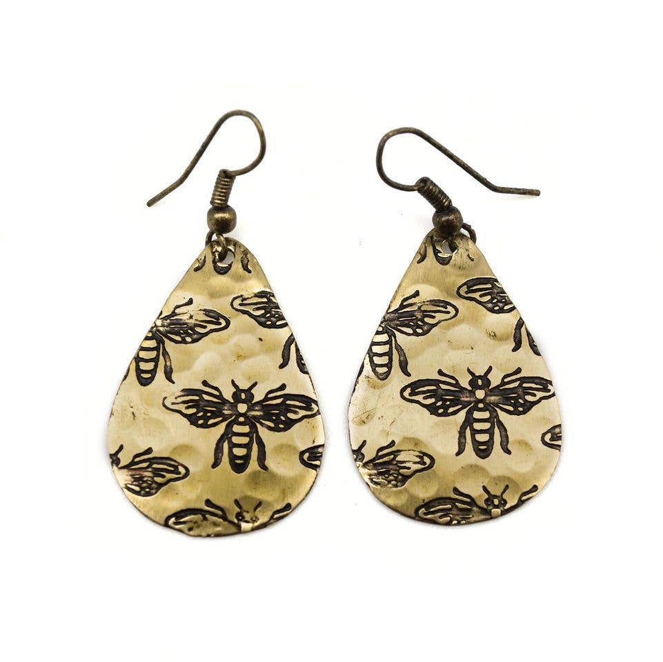 Bees Brass Engraved Earrings