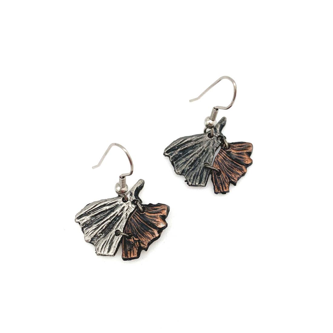 Pewter Earrings Gingko Leaves Antique Copper/Antique Silver