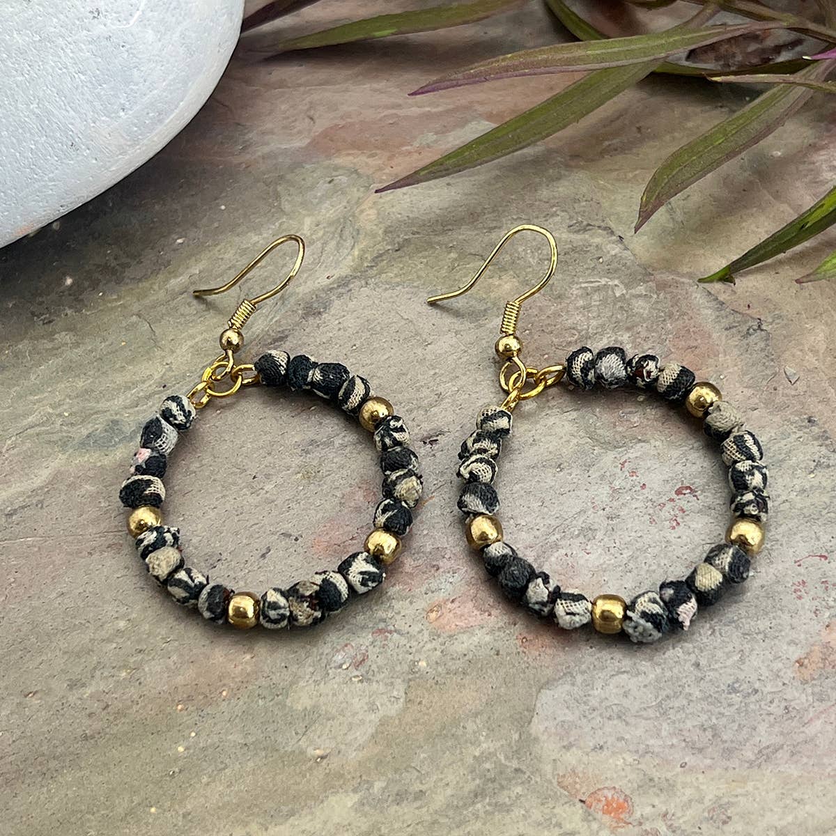 Aasha Monochrome Small Bead Hoop Kantha Handcrafted Earrings