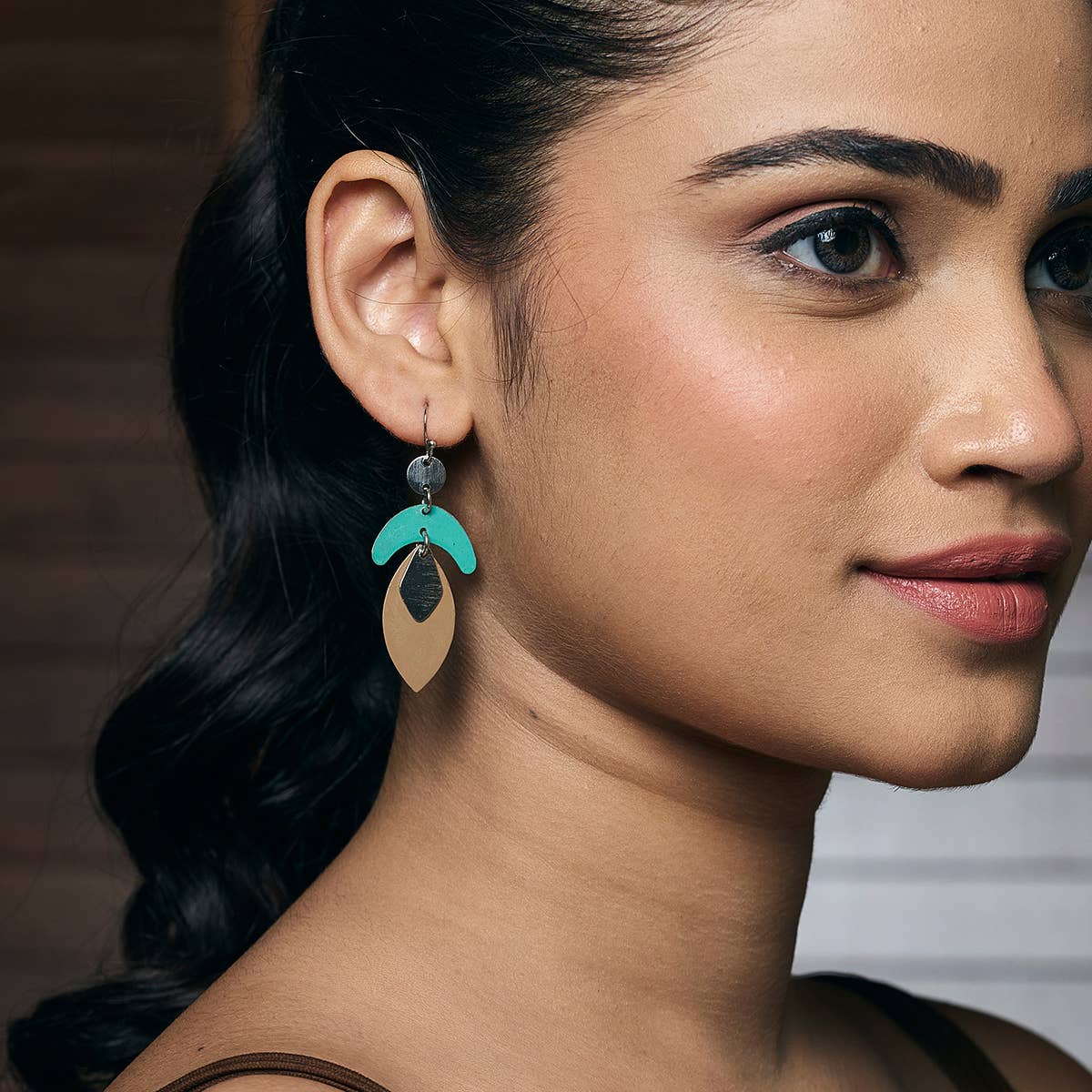 Handcrafted Tan & Green Patina Arc Teardrop Earrings