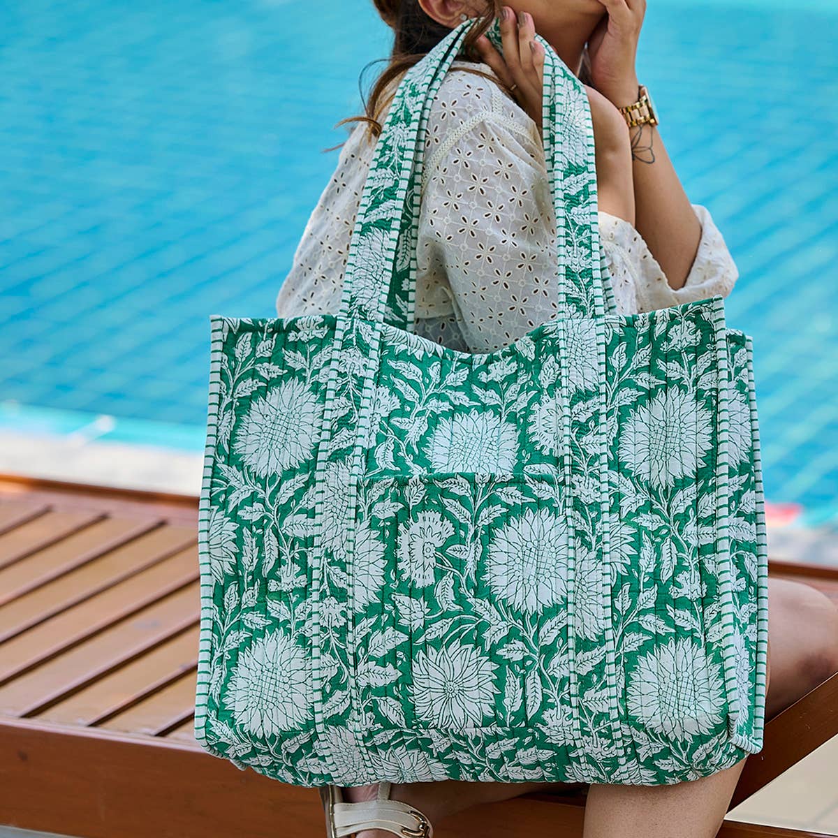 Hand Creafted Teal Dan Quilted Block-Printed Tote