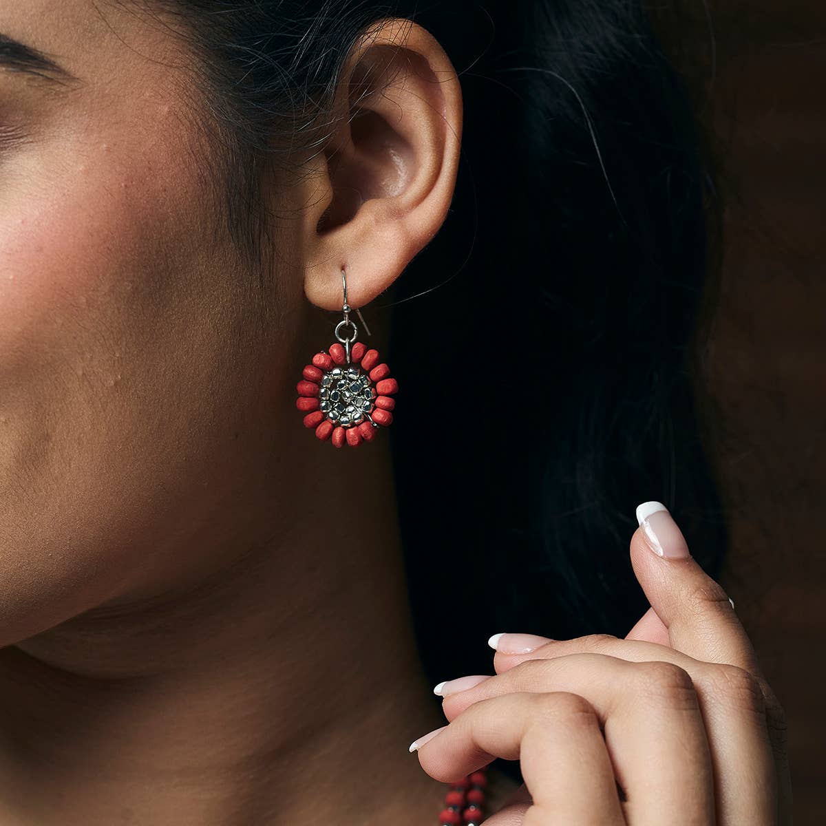 Sachi Wood Bead Flower Earrings - Red