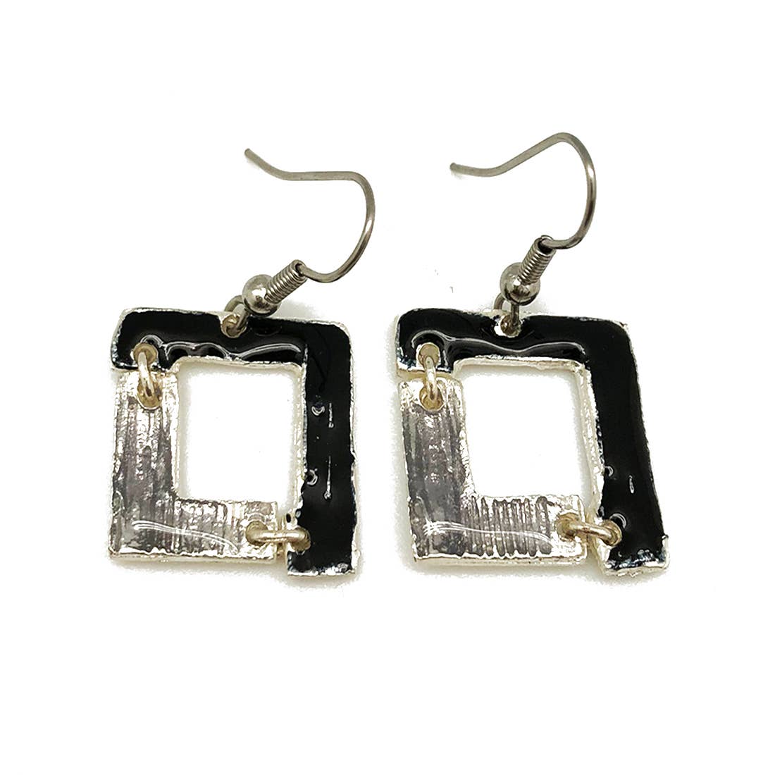 Pewter Earrings with Color Enamel - Black/Grey