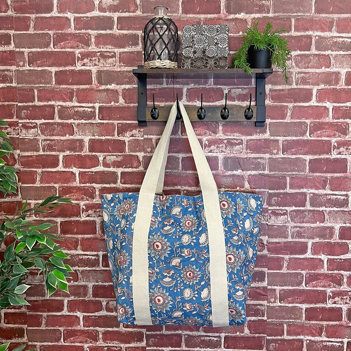 Handcrafted Canvas Bag with Block-Printed  Denim Floral