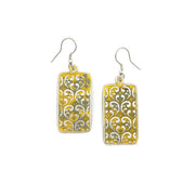 Silver Patina Earrings - Yellow Ornate Rectangle