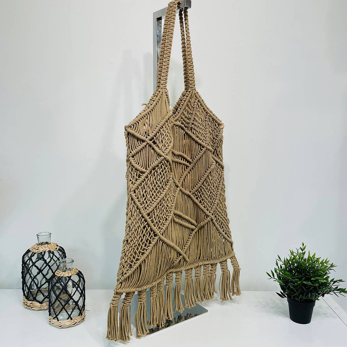 Adira Woven Cotton Macrame Large Fringe Bags - Beige