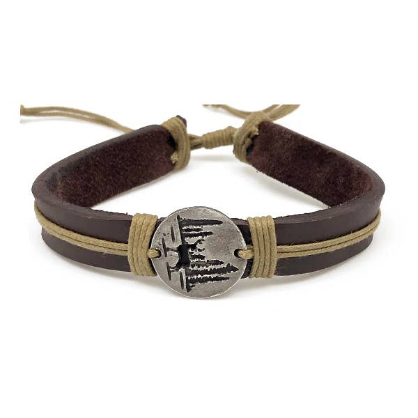 Pull Tie Leather Bracelet - Deer in Woods
