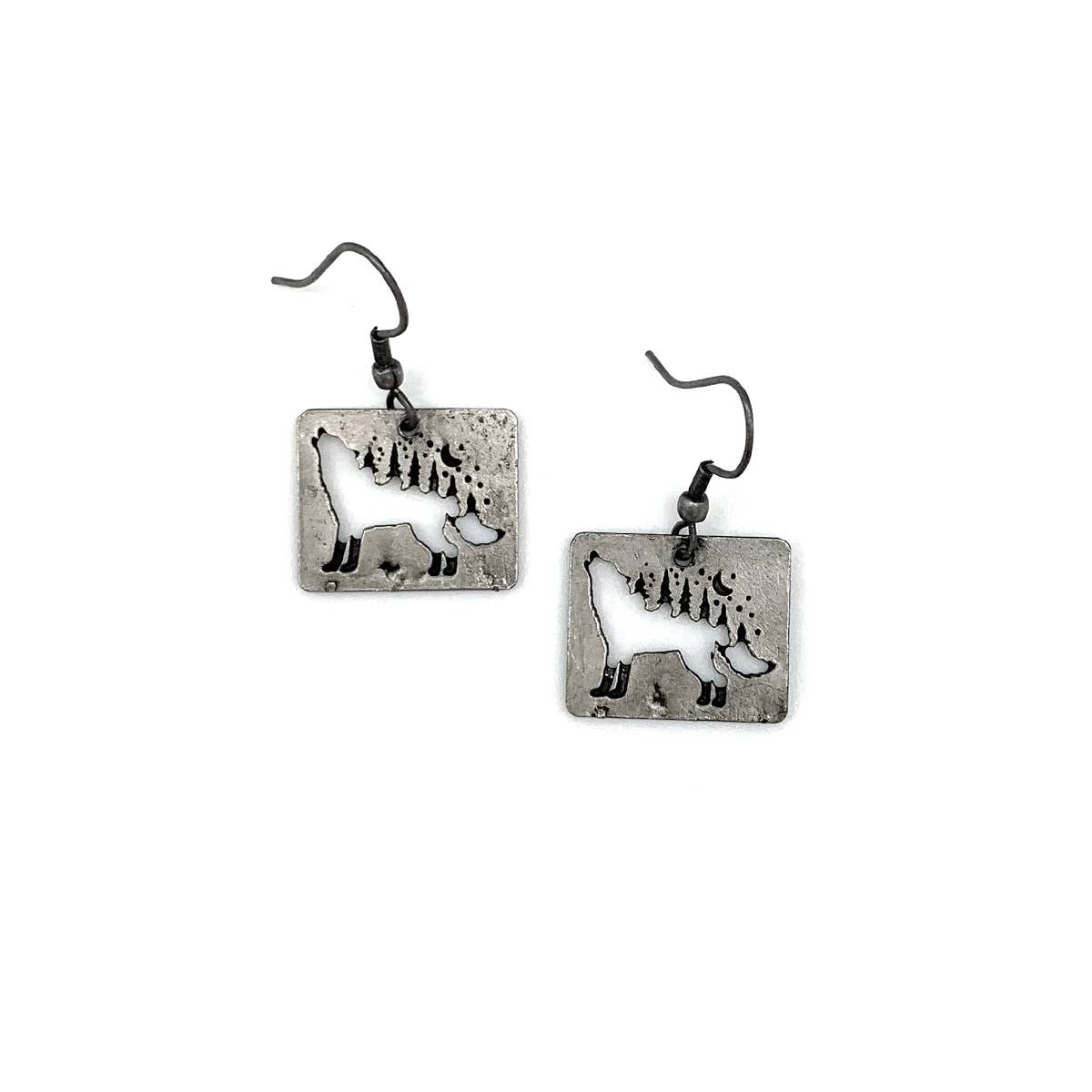 Pewter Earrings - Howling Wolf with Trees on Back
